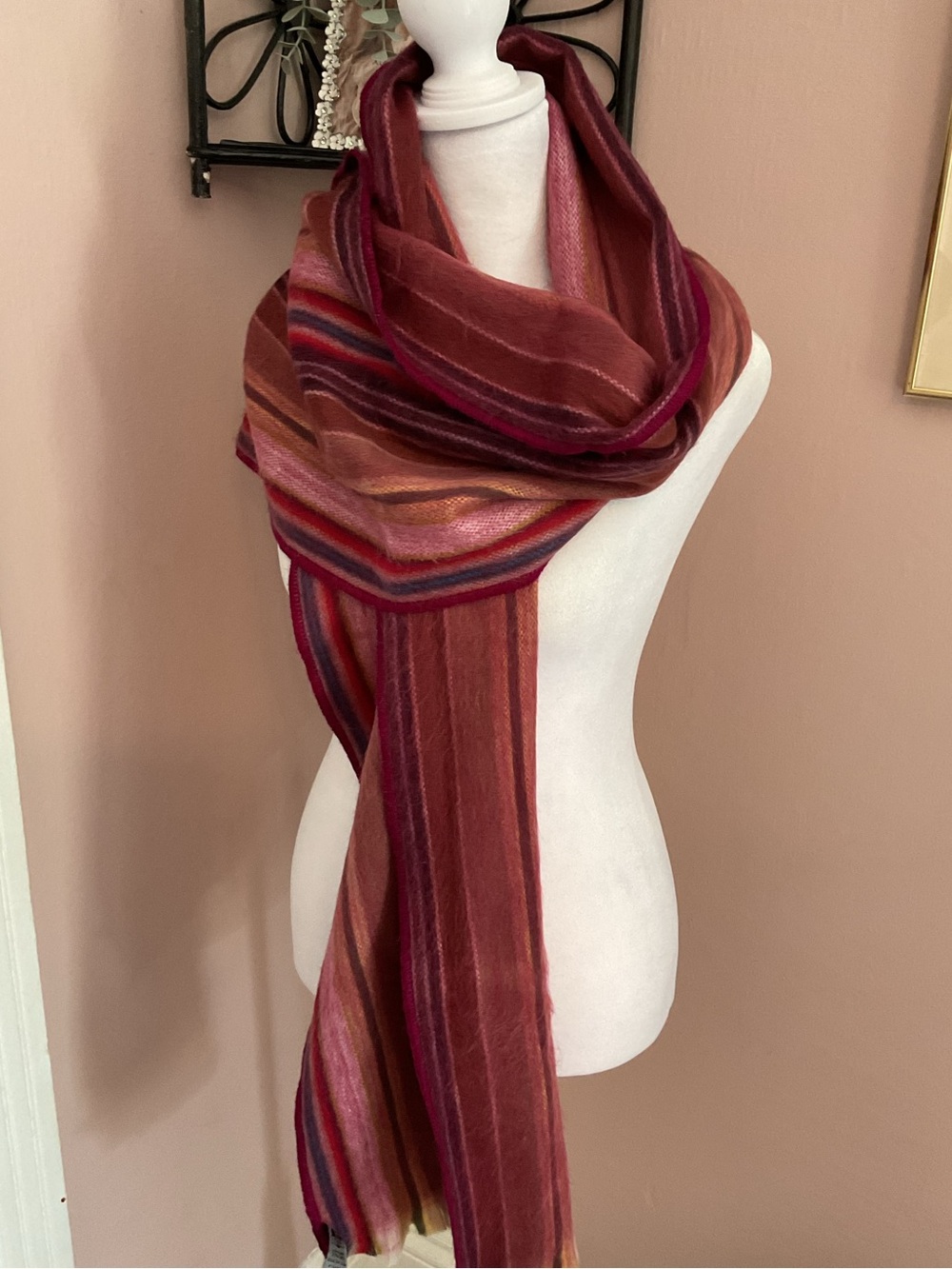 Pocoloco Alpaca Women's Striped Maroon & Pink Wrap Scarf chunky cozy cute